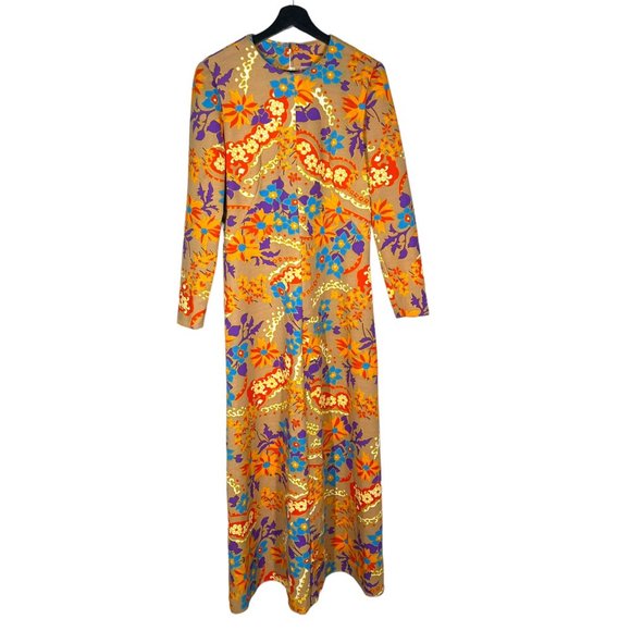 Vintage Dresses & Skirts - Vintage 60s Tan Multicolor Floral Print Long Sleeve Full Length Dress Medium